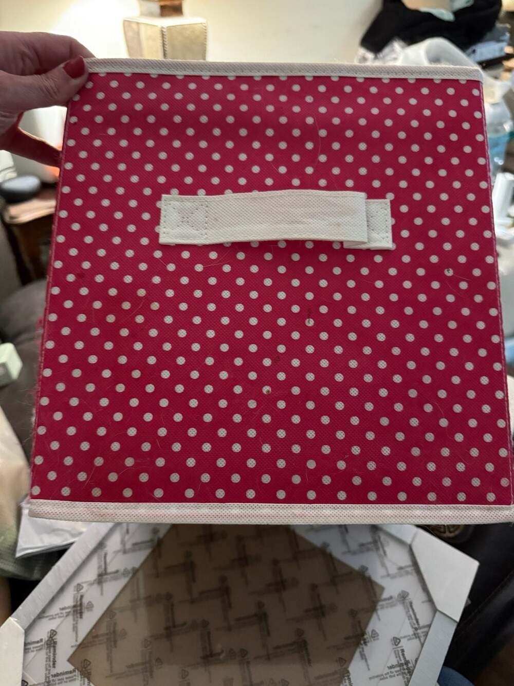 Collapsible Storage Bin Fabric Cube Organizer with Handle Pink and White Polka D